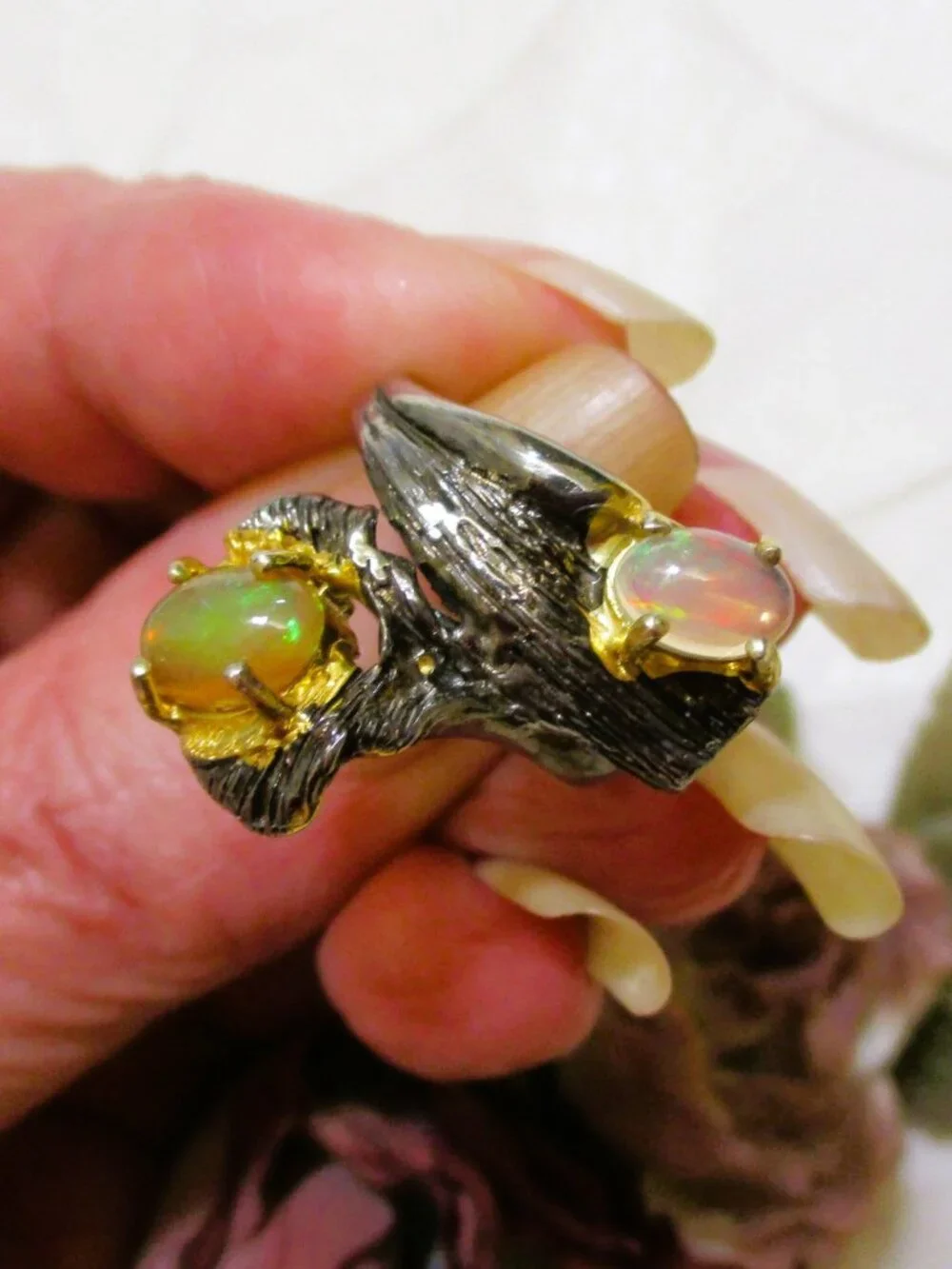 Artisan GEMSTONE STERLING Ring: Precious Opal, Sterling Silver, Gold Vermeil